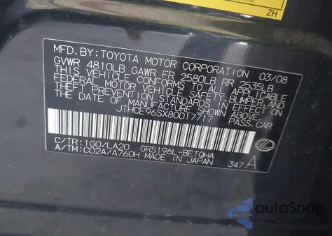 2008 Lexus Gs 350 from USA, damaged, VIN JTHCE96SX80017717